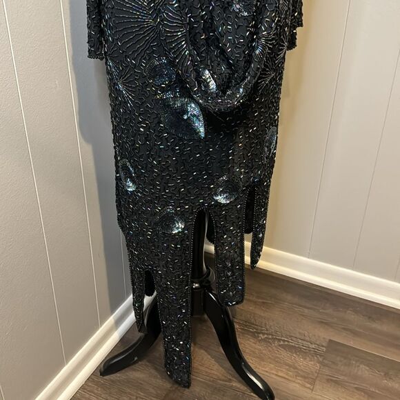 Stunning vintage beaded sequin black plung draped back neckline panel hem midi - Picture 8 of 13